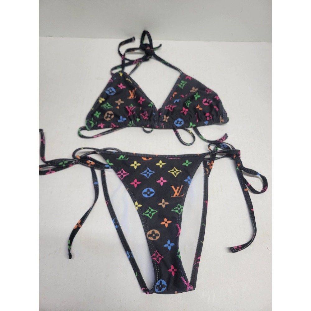 Louis Vuitton Multicolor Monogram Triangle Bikini Set Black RW201B Size M